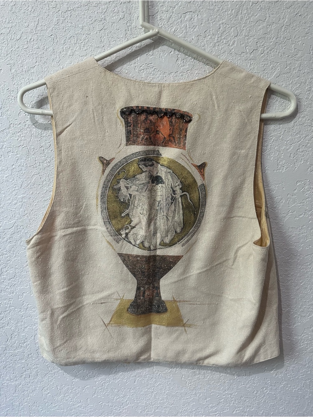 ❗️Vintage Woven Cream Decorative Printed Vest with Ancient Motif / Beads Small